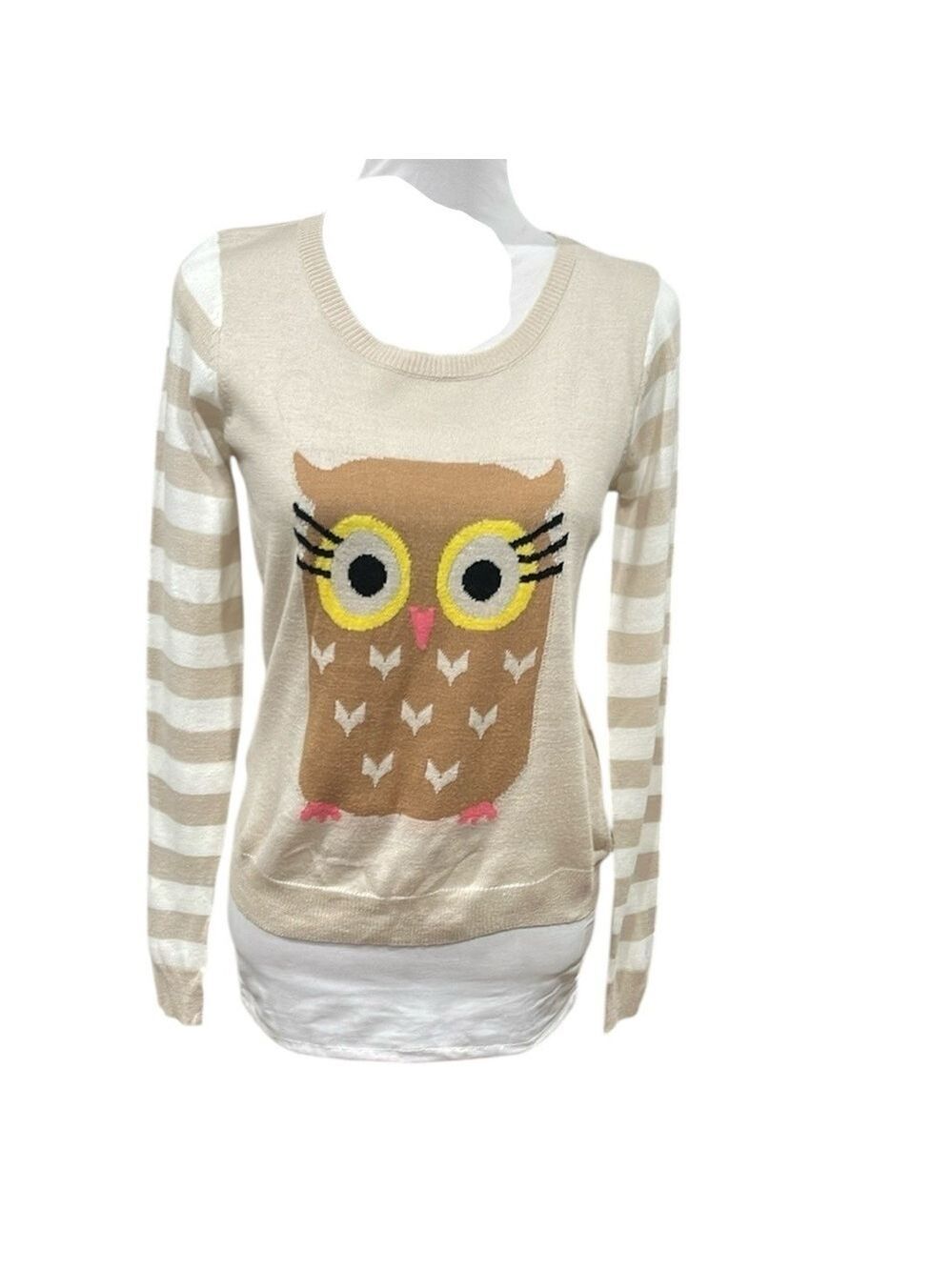 Love By Design Owl Sweater SZ S Cream White